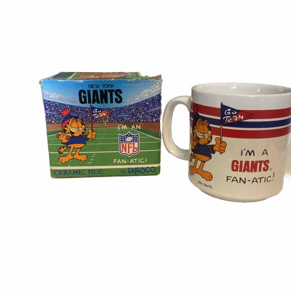 Vintage GARFIELD NFL Enesco Ceramic Coffee Mug w/Box New York GIANTS Fanatic Cup - Picture 1 of 8